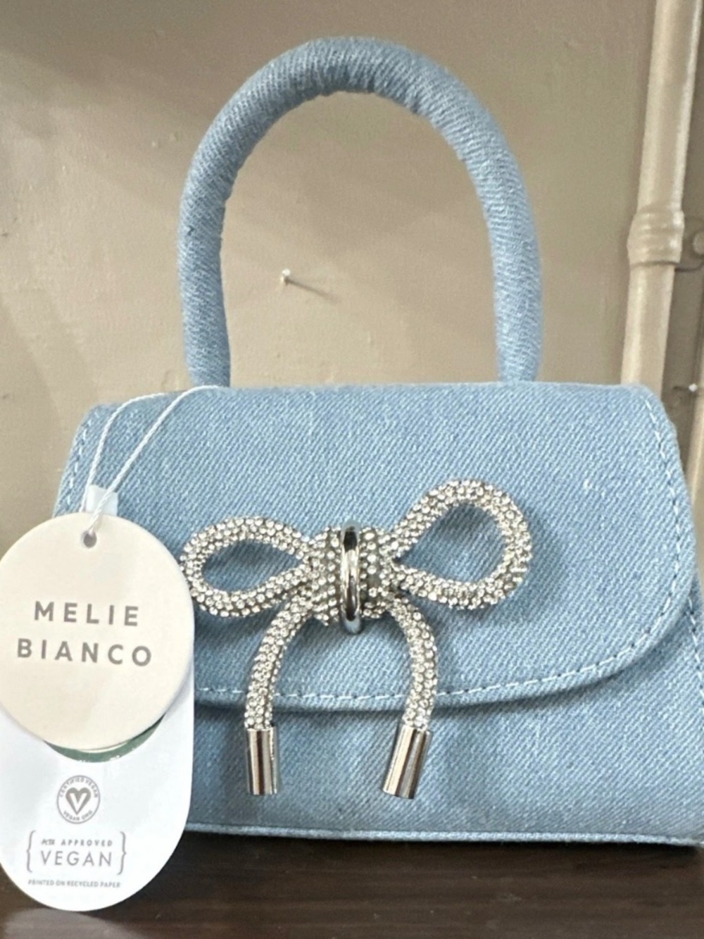 Melie Bianco Women’s Blue Rhinestone Bow Top Handle Bag, Magnetic, Small, Strap